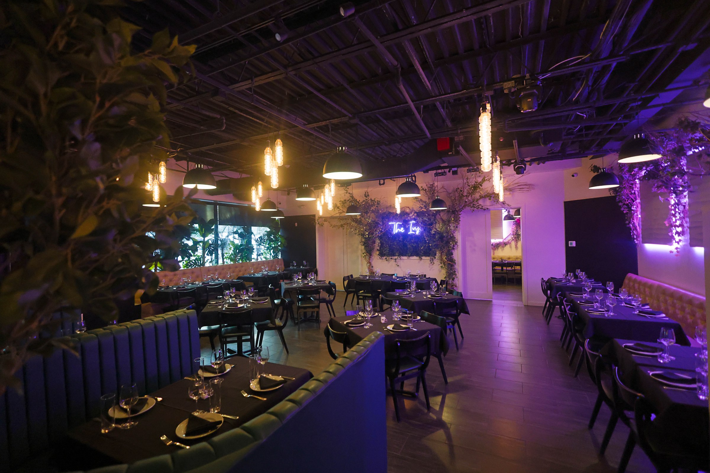 Dining tables framed by foliage at Ivy